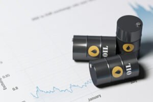 Blue Financial Chart and Tiny Oil Barrels