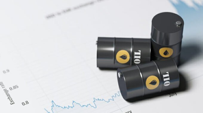 Blue Financial Chart and Tiny Oil Barrels