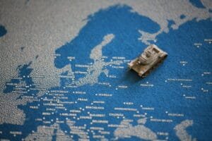 Map of Russia and Europe with Tank on Russian Map