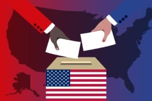 Elections in America showing map and ballot box