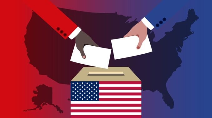 Elections in America showing map and ballot box